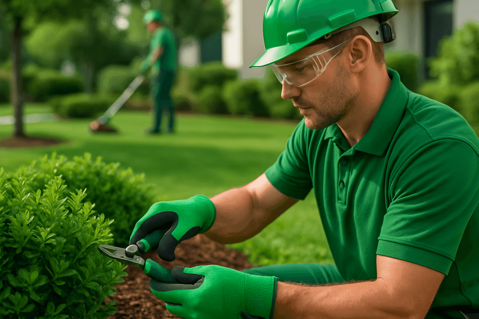 Professional landscaper wearing safety gear pruning plants at a well-maintained property