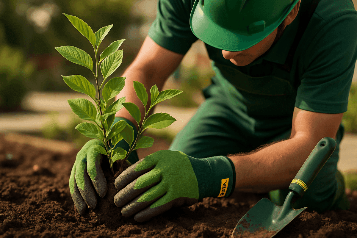 Close-up of gloved hands planting a young shrub in rich soil during landscaping work